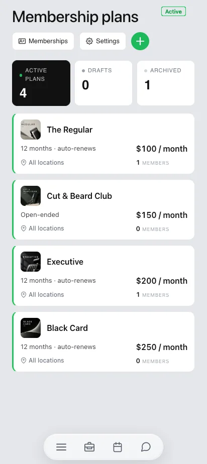 Lidmaatschapsplannen in de Barberly Business-app