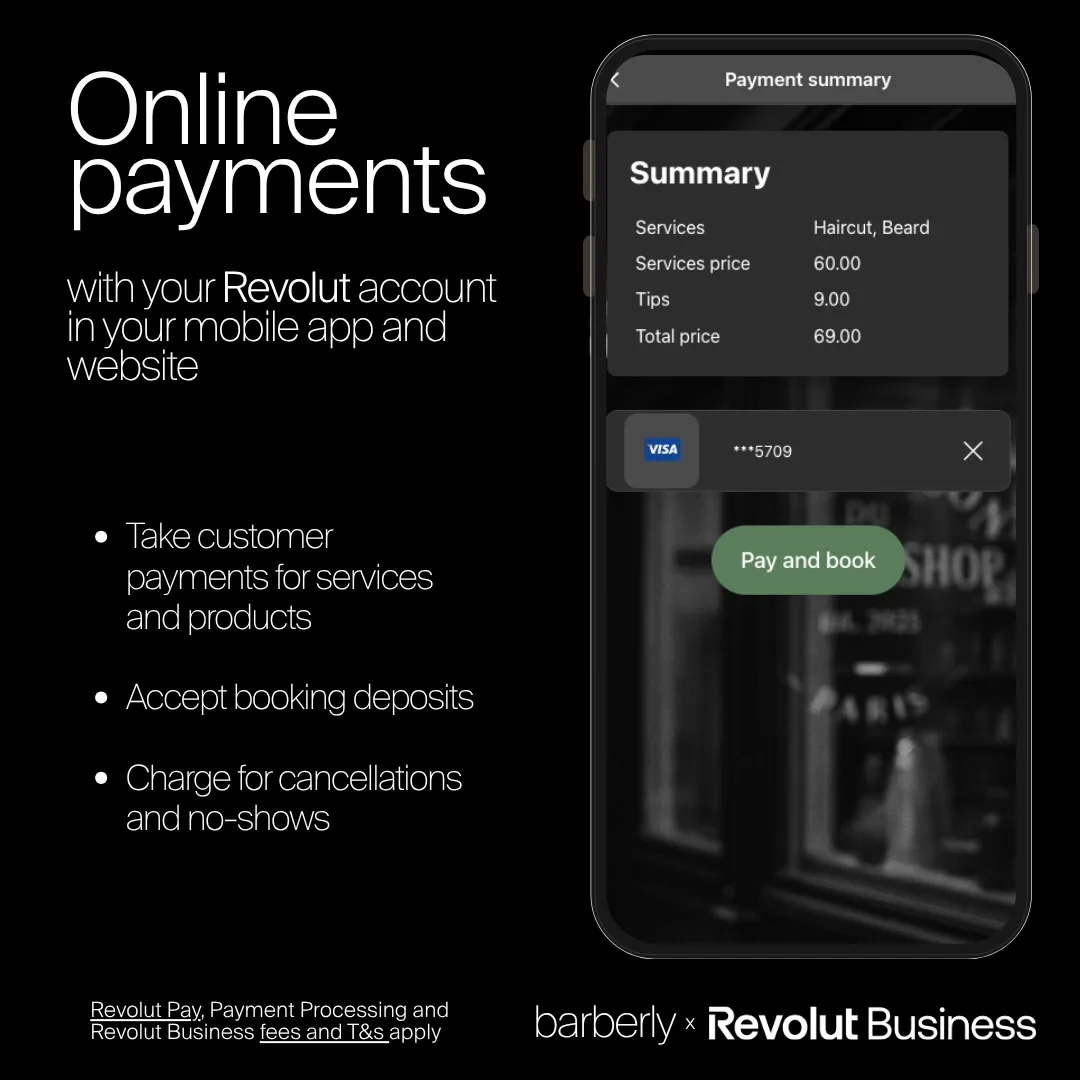 Boekingsapp van een barbershop die een kaartbetaling via Revolut ontvangt