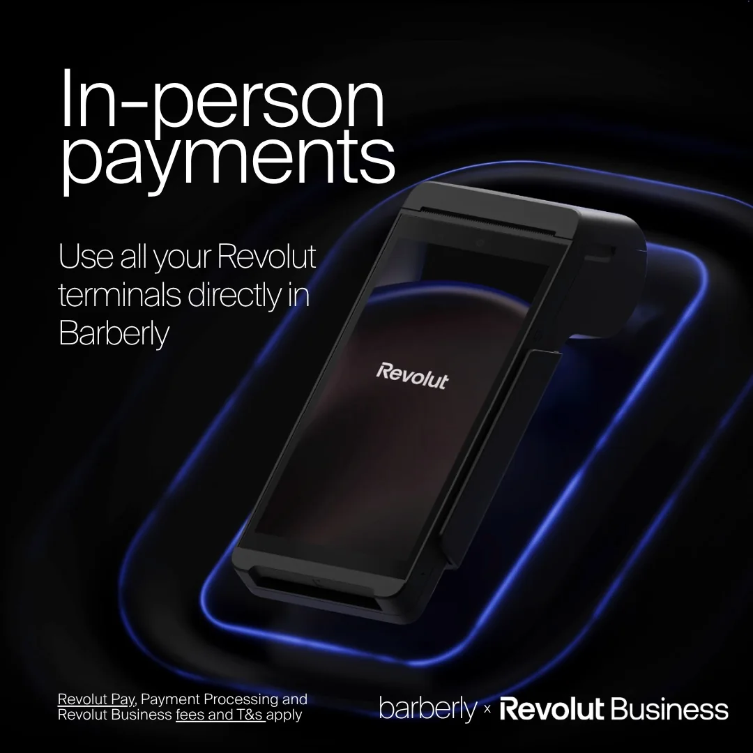 Revolut-betaalterminal gebruikt met de barbershopsoftware Barberly