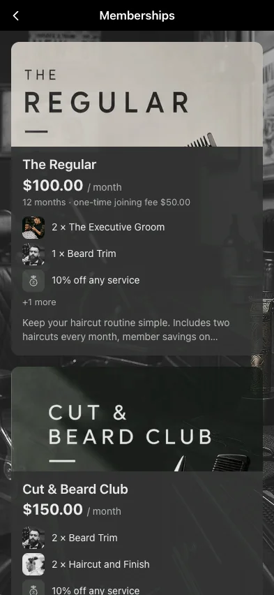 Lidmaatschapsplannen in een gebrande barbershop-app